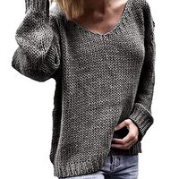 Theoylos Women's Casual V Neck Loose Oversized Pullover Sweater High Low Knitted Jumper Gray
