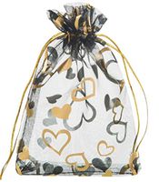 Lanswe 100 Pack Sheer Organza Drawstring Bags Heart Floral Print Jewelry Pouches Candy Gift Bags Wedding Party Favor Mesh Christmas Pouches (Black, 5''x7'')