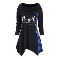 RUIVE Women's Pile Collar Sweatshirt Irregular Plaid Letter Print Fake Button Stitching Tops Ladies Loose Blouse Blue