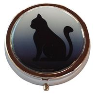 Cat Silhouette Round Three Compartment Metal Pocket/Purse/Travel Pill Box Case (Black and White)