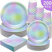 Mermaid Party Supplies - 200PCS Party Paper Plates Disposable Paper Dinnerware Set，50 Dinner Plates Dessert Plates Cups Napkins for Girl’s Birthday Baby Shower Wedding Hawaii Ocean Cocktail Party