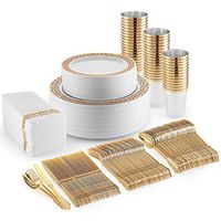 Plastic Dinnerware Set - Gold Plastic Dinner Plates, Disposable Dessert Plates, Cups, Gold Silverware and Napkins - Fancy Disposable Tableware for Weddings, and Parties -Premium Plastic Plates