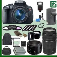 Canon EOS Rebel T5i Digital SLR Camera Kit with 18-55mm STM Lens and Canon EF 75-300mm III Lens and Canon 50mm f/1.8 Lens + 16GB Green's Camera Package