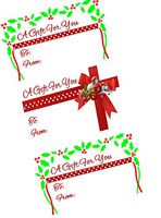 50 Trendy 4x2" Red & White Christmas Bows & Holly Leaves Peel N Stick Christmas Gift Tags Stickers