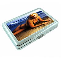 Beach Babe USA Pin Up Girl Model Silver Cigarette Case 17 Metal Wallet Id Holder 4" X 2.75" RFID Protection