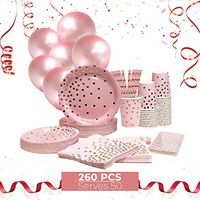 Pink and Gold Party Supplies 260 Pcs, 100 Disposable Plates for Party, 50 Paper Napkins Bulk, 50 Paper Straws, 50 Paper Cups, 10 Balloons, Baby Girl Shower Plates, Party Plates, Napkins Set for 50