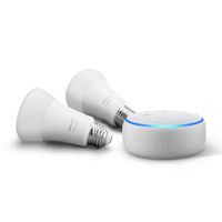Echo Dot (3rd Gen) Sandstone Bundle with Philips Hue White 2-pack A19 Smart Bulbs, Bluetooth & Zigbee compatible (No Hub Required)
