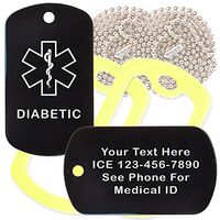 Custom 2 Pack - Diabetic Medical Alert ID Necklaces with Black Custom Tags, Yellow Silencers, and 30'' USA Chains