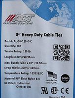 Cable Zip Ties 100pk Heavy Duty 120lb 8" UV Resistant Black - Made in the USA