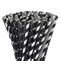 ALINK Biodegradable Black Paper Straws, 100 Stars/Dots/Stripes/Waves Drinking Straws for Juice, Cocktail, Smoothies, Birthday, Wedding, Bridal/Baby Shower and Celebration
