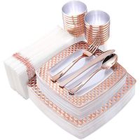 IOOOOO 175PCS Rose Gold Plastic Square Plates with Disposable Silverware & Cups & Napkins, Diamond Tableware include 25 Dinner Plates, 25 Salad Plates, 25 Cutlery, 25 Tumblers, 25 Guest Towels