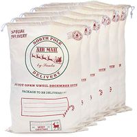 6-Pack XL Reusable Christmas Canvas Gift Bags 26" x 19" - Santa's North Pole Delivery Design - Deluxe Drawstring Fabric Cloth Present Giant Stocking Sacks - Extra Large Wrapping Alternative