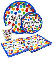 Happy Birthday Dots Pack! Disposable Paper Plates, Napkins and Cups Set for 17 (With free extras)