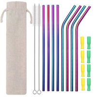 Beloca Metal Reusable Straws Set 8 Reusable Stainless Steel Drinking Straws with 2 Cleaning Brushes and 8 Silicone Tips for Tumblers Cold Beverage, Smoothie Milkshake Cocktail, Hot Drinks (Rainbow)
