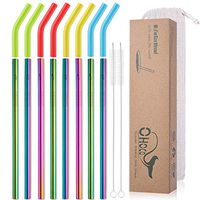 Reusable Stainless Steel Metal Drinking Straws with Flexible Silicone Tips - Extra Long x 8mm Wide for 30oz 20oz Tumblers, Set of 8 with 2 Cleaning Brushes 1 Portable Case, Rainbow