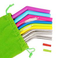 Metal Smoothie Straws Reusable Silicone Straws – Stainless Steel drinking Straws with Silicone Tips Eco Friendly Extra Long Bendy for Yeti Tumbler with Straw Cleaning Brush Set of 12 Different Size