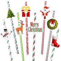 Aneco 48 Sets Christmas Themed Drinking Paper Straws Christmas Tree Snowman Elk Gift Box Pattern Decorative Drinking Straws for Xmas Party Supplies