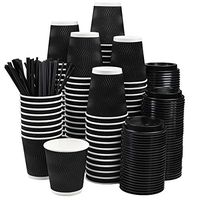 NYHI Set of 100 Black Disposable Paper Cups with Black Lids and Straws (12-oz) | Ripple Insulated Kraft for Hot Drinks - Tea & Coffee | Triple Layer Design | Eco- Friendly, Recyclable, Durable Paper