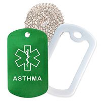 Asthma Medical Alert ID Necklace with Green Tag, White Silencer, and 30'' USA Chain - 154 Color Choices