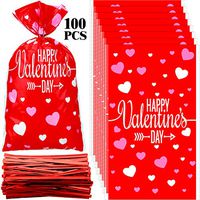 100 Pieces Valentine Cellophane Bags Heart Shaped Red Treat Bags Happy Valentine's Day Gift Bags with Twist Ties for Candy, Gifts, Wedding Party Favors