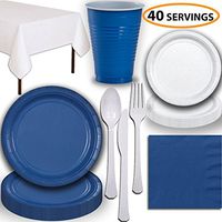 Disposable Party Supplies, Serves 40 - Blue and White - Large and Small Paper Plates, 12 oz Plastic Cups, Heavyweight Cutlery, Napkins, and Tablecloths. Full Two-Tone Tableware Set