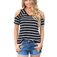 GBSELL Women's Casual Stripe Off Shoulder Short Sleevess Blouse Shirt Tops (L, Black)