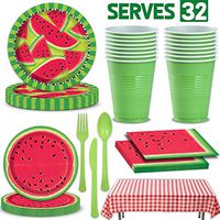 Picnic Watermelon Tableware for 32. Large and Small Plates, Napkins, Red Gingham Tablecloth, Green Cutlery and Party Cups. Decorated Party Supplies for Outdoor, Summer, Fruit, Barbecue Theme and More