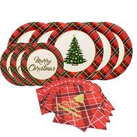 Christmas Tree Paper Dinnerware Set- Serves 50- Includes 10 Inches Paper Dinner Plates, 7 Inches Dessert Plates and Buffalo Paper Napkins