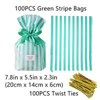 Green Stripe Clear Cello Candy Favor Bags,Cellophane Cookie Treat Plastic Bags,with Gold Twist Ties, Pack of 100
