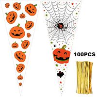 100 Pieces Halloween Cone Bags Halloween Clear Cellophane Bags Halloween Cellophane Bags Treat Bags with 150 Pieces Twist Ties for Halloween Easter Candy Cookie Storage, 15 x 6.3 Inches (Style Set 5)