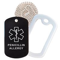 Penicillin Allergy Medical Alert ID Necklace with Black Tag, White Silencer, and 30'' USA Chain - 154 Color Choices