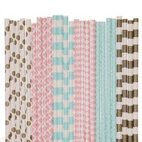 Biodegradable Paper Straws Mix, Cotton Candy, Light Pink Light Blue Gold, Polka Dot Damask Striped Diamond Quatrefoil (25)
