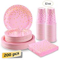 Pink and Gold Party Supplies 200Pcs Disposable Pink Paper Plates 12oz Cups Napkins Dinnerware Set Golden Dot Theme Party Wedding Bachelorette Girl Birthday Baby Shower, Serves 50