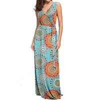 Jentouzz Women Bohemian Sleeveless Sundress Casual Long Dresses Printed Beach Dresses(XL,Blue)