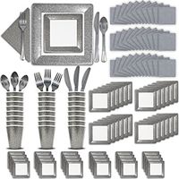 Fancy Disposable Silver Dinnerware Set - 24 Guest - 2 Size Square Plates, Cups, Napkins, Spoons, Forks, Knives - Made of Heavyweight Paper - Posh Dinnerware w/Elegant Design Perfect for Upscale Party