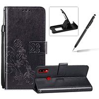 Black Leather Case for Samsung Galaxy A10S,Strap Wallet Flip Cover for Samsung Galaxy A10S,Herzzer Classic Pretty Four Leaf Clover Print Magnetic Card Slots Stand Folio Case with Soft TPU