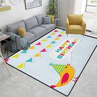 Kids Birthday Plants Area Rug Slip Pad, Two Row Party Flag Cartoon Bird Happy Birthday Quote Image Artwork Print, Durable Rugs - Living, Dinning, Office, Rooms & Bedrrom, Hallway Carpet(2.5'x 7')