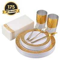J'share Plastic Dinnerware Set 175PCS For Party Wedding- Disposable Dinnerware Set - Hard Plastic Plates Set & Cutlery for Dinner, Holiday (White With Gold Lace, 175PCS (For 25 Guests))