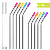 10 Pack Stainless Steel Straws Curved and 10 Pack Silicone Tips Cover Caps Replacement, Metal Reusable Drinking Straw Ultra Long 8 Inch/10 Inch Bent with 2 Cleaning Brush for 30oz/20oz Tumblers Yeti