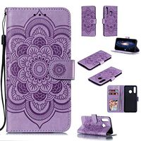 Cfrau Wallet Case with Black Stylus for Huawei P30 Lite,Beautiful Mandala Sunflower Embossed PU Leather Magnetic Flip Stand Soft Silicone Card Slots Case with Wrist Strap - Purple