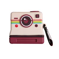 IPLUS 3D Cartoon AirPods Case, Super Cute Camera Shape Flexible Rubber Cover, Soft Silicone Protective Airpods 1 & 2 Stand Mini Bag with Finger Loop (Dark Red)