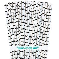 Mustache Theme Paper Drinking Straws - Black White - 7.75 Inches - 100 Pack - Outside the Box Papers Brand