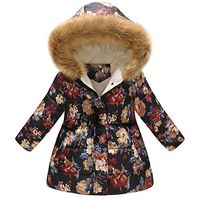 Baby Girls Floral Pattern Hooded Snowsuit Winter Warm Light Fur Collar Hooded Down Windproof Thick Jacket Outerwear Black