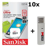 10 PACK - SanDisk Ultra 32GB UHS-I Class 10 MicroSDHC Memory Card Up to 48mb/s SDSQUNB-032G LOT OF 10 with USB 2.0 MemoryMarket dual slot MicroSD & SD Memory Card Reader