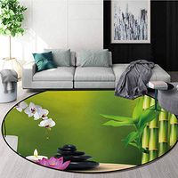 RUGSMAT Spa Machine Washable Round Bath Mat,Bamboo Flower Stone Wax On The Table Orchid Rock Healthy Lifestyle Theme Non-Slip No-Shedding Bedroom Soft Floor Mat,Round-51 Inch Fern Green Fuchsia White