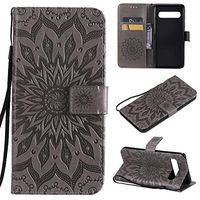 Cfrau Kickstand Wallet Case with Black Stylus for Samsung Galaxy S10 5G,Retro Mandala Sunflower PU Leather Magnetic Flip Folio Stand Soft Silicone Card Slots Case with Wrist Strap - Gray