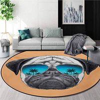 RUGSMAT Pug Round Rug,Dog with Reflecting Aviators Palm Trees Tropical Environment Cool Pet Animal Carpet Door Pad for Bedroom/Living Room/Balcony/Kitchen Mat,Diameter-47 Inch Black Orange Blue