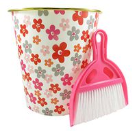 Cute Flower Wastebasket 9.25" Tall with Dustpan/Brush Set 1.5 Gallon Red Pink Gray (Bundle of 3)