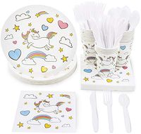 Disposable Dinnerware Set - Serves 24 - Unicorn Themed Party Supplies for Birthdays, Baby Showers, Rainbow Unicorn Design, Includes Plastic Knives, Spoons, Forks, Paper Plates, Napkins, Cups