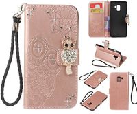 Amocase Wallet Case with 2 in 1 Stylus for Samsung Galaxy A8 2018,3D Bling Gems Owl Magnetic Mandala Embossing Premium Strap PU Leather Card Slot Stand Case for Samsung Galaxy A8 2018 - Rose Gold